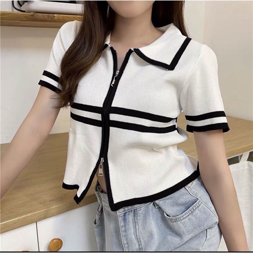 Áo polo croptop phối hoạ tiết kẻ kéo khoá kiểu ulzzang freesize
