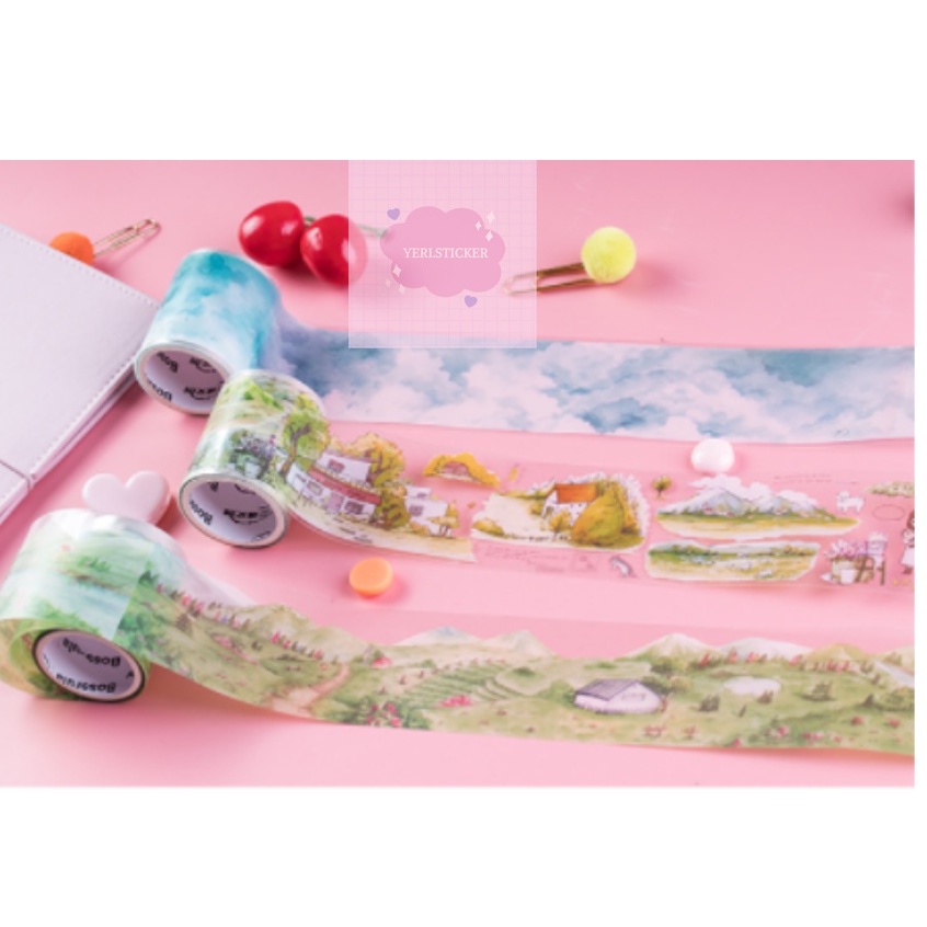 (Full cuộn 2m) Washi tape phong cảnh đồng cỏ, núi rừng, bầu trời làm tranh, bullet journal