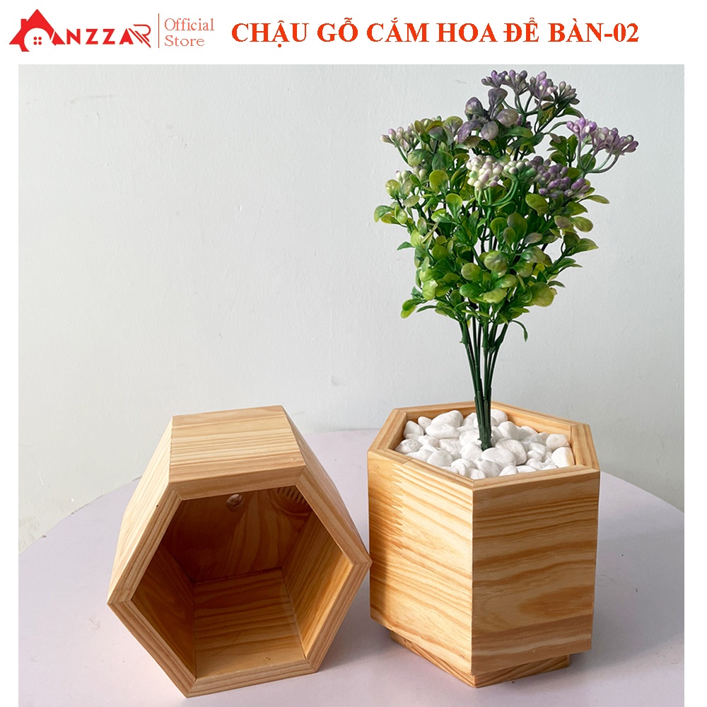 Chậu gỗ cắm hoa để bàn Anzzar D16cmcmxC13cm, gỗ thông nhập khẩu chịu nước CG-05