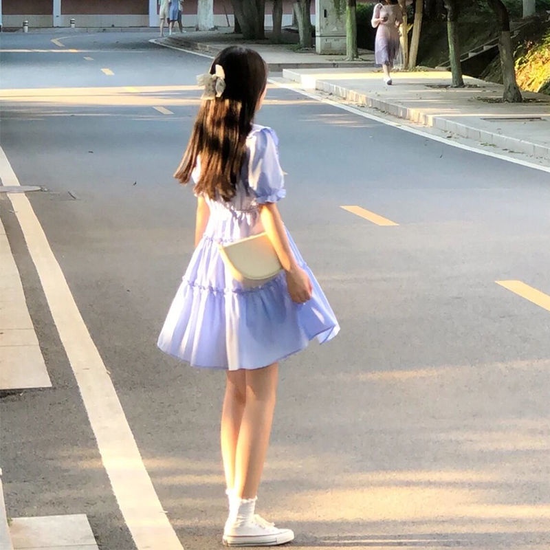 Đầm Tay Phồng Cổ Búp Bê Ghép Mảnh Màu Trơn Phong Cách Hàn Quốc Ngọt Ngào Dễ Thương Mùa Thu Dành Cho Bạn Nữ Sinh