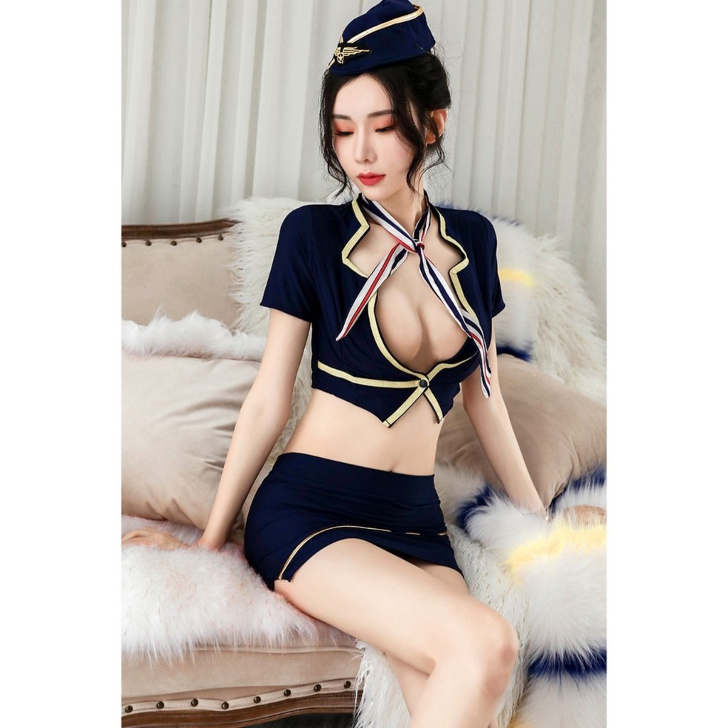 (Đủ Phụ Kiện ) Bộ Cosplay Tiếp Viên Màu Xanh Đen 5202 Siêu Sang +Tặng kèm quần chíp xinh | BigBuy360 - bigbuy360.vn