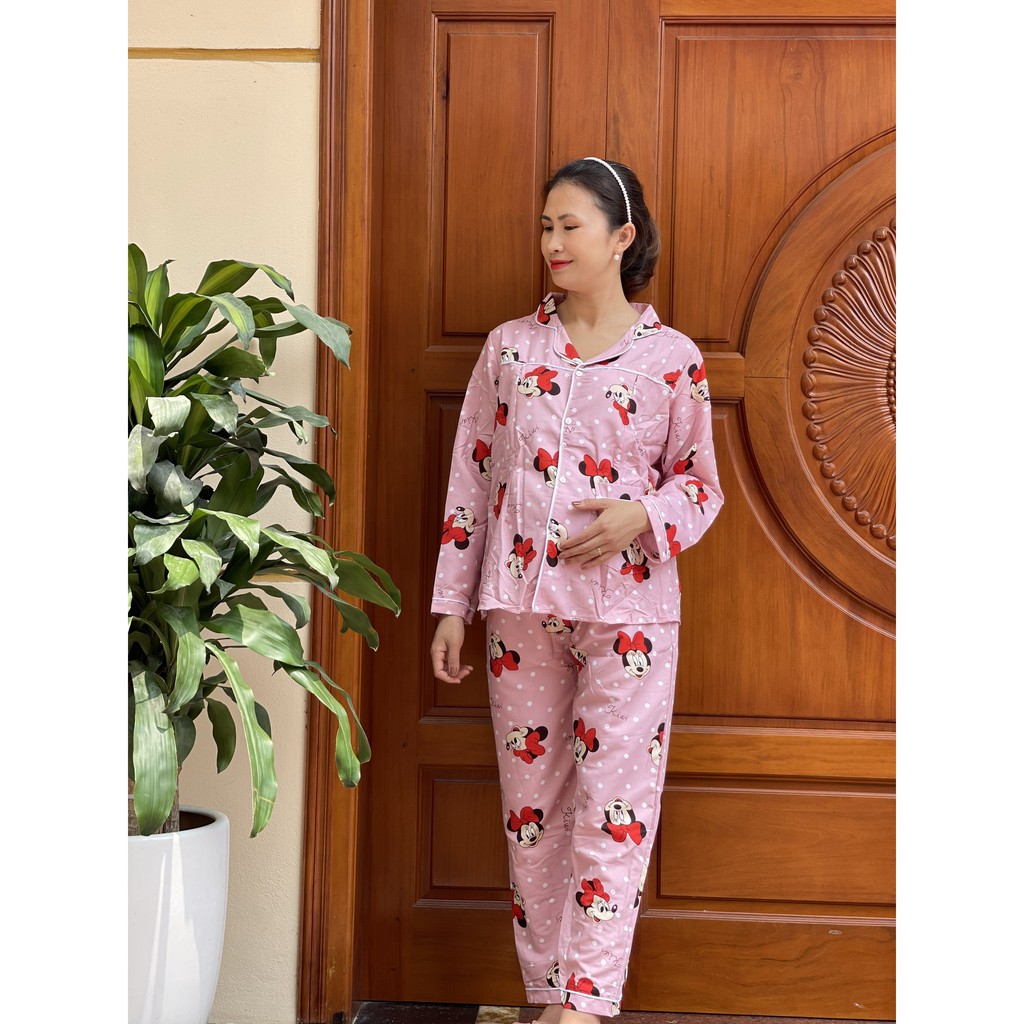 Đồ Bộ Bầu dài tay Pijama chất kate thái mặc bầu và sau sinh BPJM930 (Có khóa hoặc túi ngực như hình)