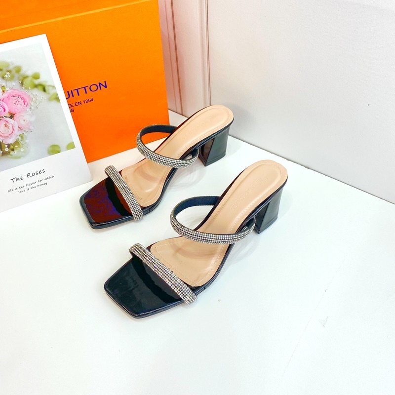 Dép mũi vuông, guốc cao gót nữ 2 dây đính đá gót vuông cao 7cm [m8]