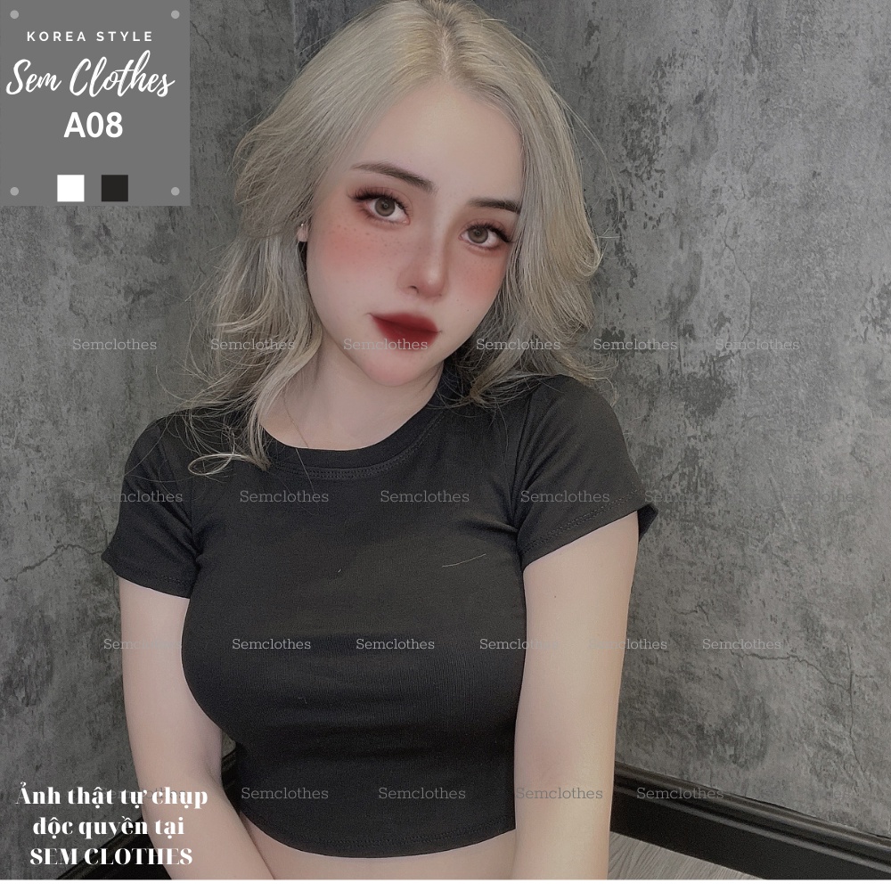Áo croptop nữ, ôm body kiểu ngắn tay thun gân 100% cotton hàng đẹp 2 màu trắng đen A08 SEMCLOTHES | BigBuy360 - bigbuy360.vn