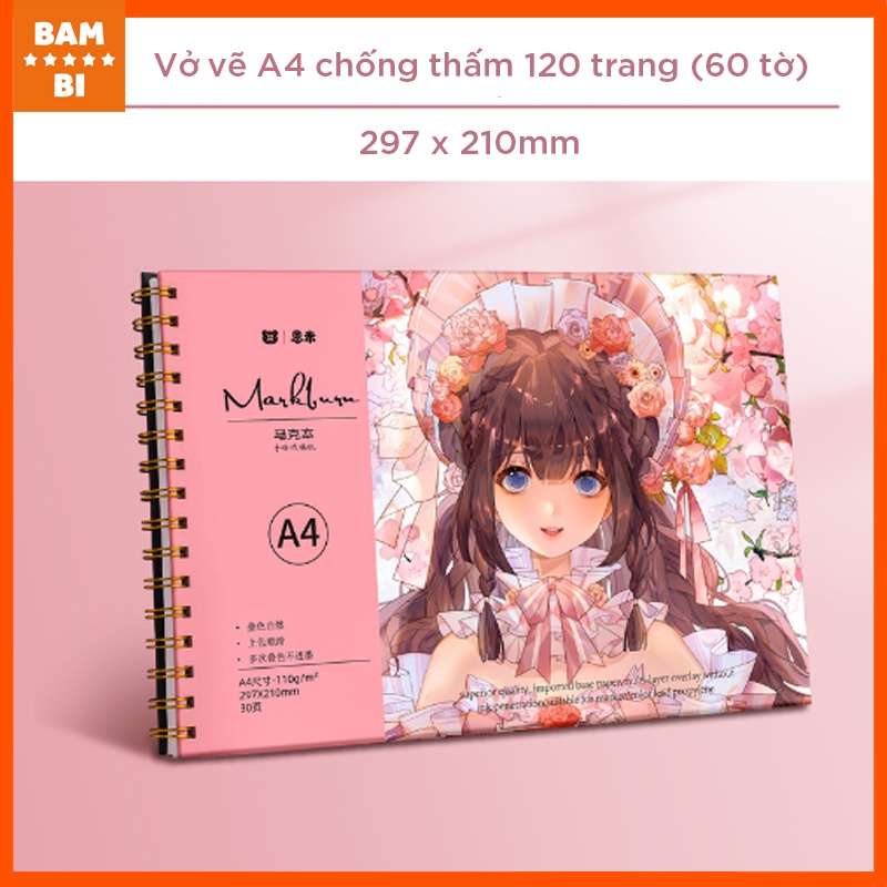 Vở vẽ A4 lò xo, sổ phác thảo, sketchbook 110gsm, 120 trang  3 màu Xanh/Hồng/Tím chống thấm mặt sau