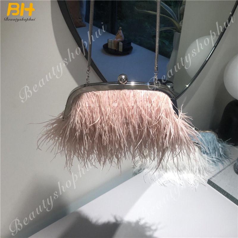 Túi Đeo Chéo Lông Đà Điểu Đính Ngọc Trai Thời Trang Cho Nữ