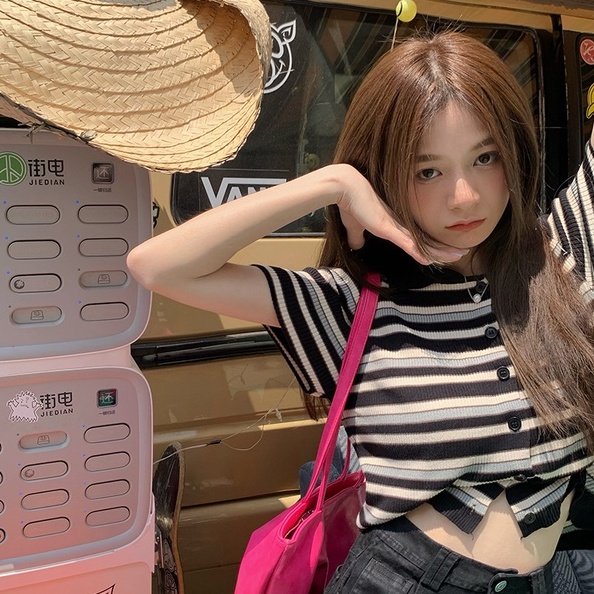 Áo cardigan ZHELIHANGFEI dệt kim ngắn tay cổ bẻ họa tiết kẻ sọc thời trang