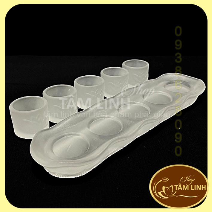 Bộ án 5 ly nước thờ cúng bằng lưu ly trắng siêu đẹp
