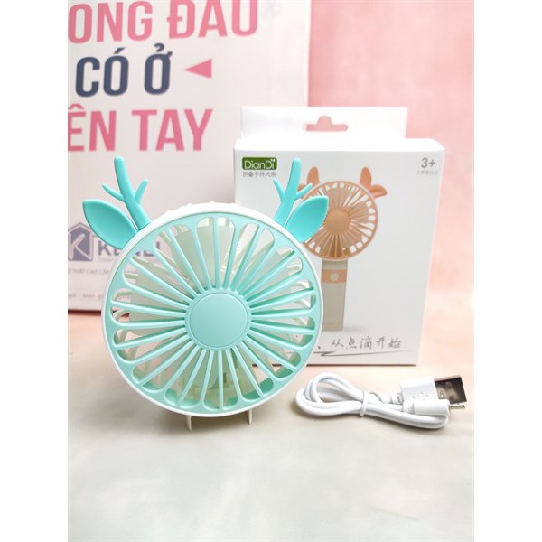 Quạt Mini Cầm Tay Cao Cấp Có Thể Gấp Tiện Dụng, Fan 2 Tốc Độ Gió Kèm Usb Cắm Sạc Hình Sừng Tuần Lộc - Màu Xanh Lá