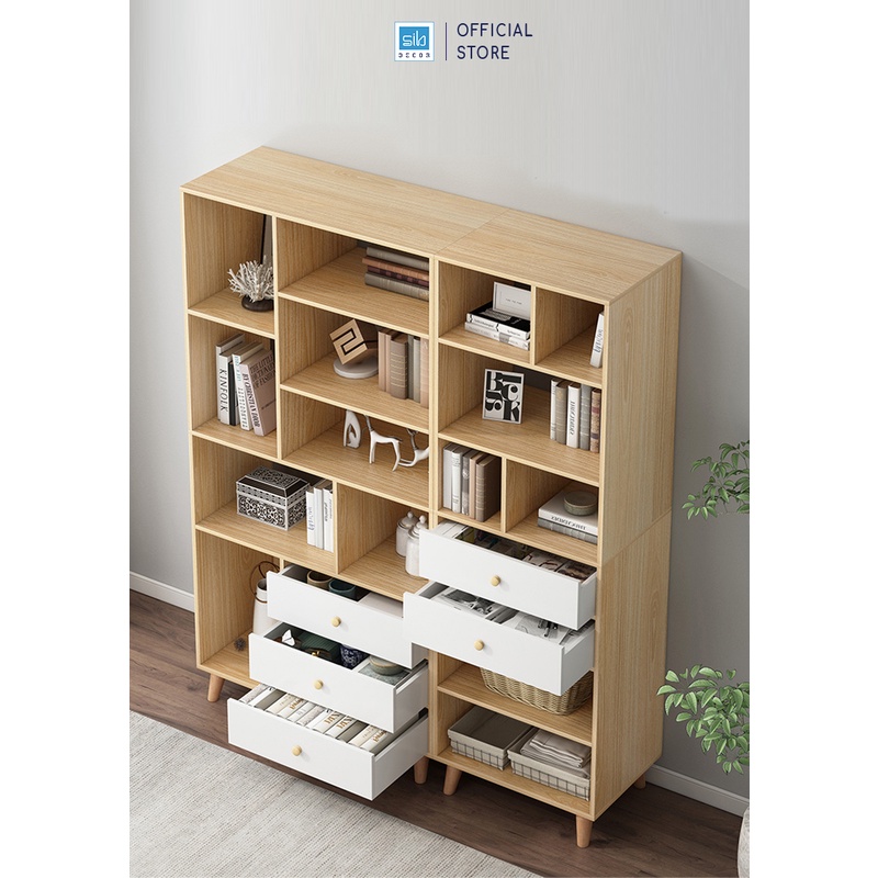 Tủ Sách Để Sàn Nhiều Ngăn Hiện Đại Màu Vân Gỗ Sồi Và Trắng Thương Hiệu SIB Decor