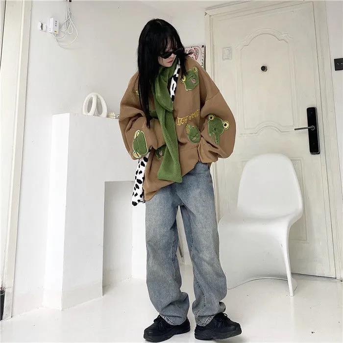 Áo sweater vải nhung dày dặn cổ tròn dáng rộng in hình chú ếch phong cách cổ điển Hàn Quốc mới cho nữ