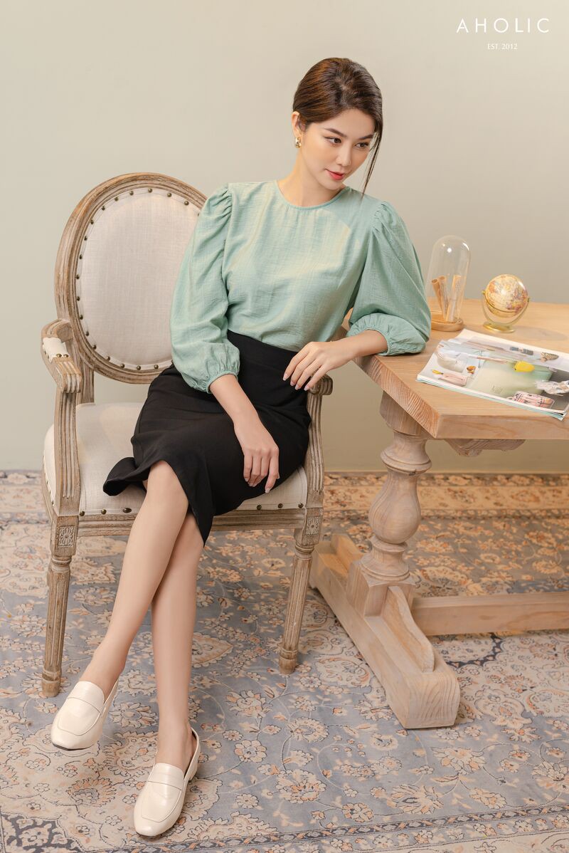 Áo kiểu sơ mi chất thô đũi rút nơ 3 màu Aholic A2874