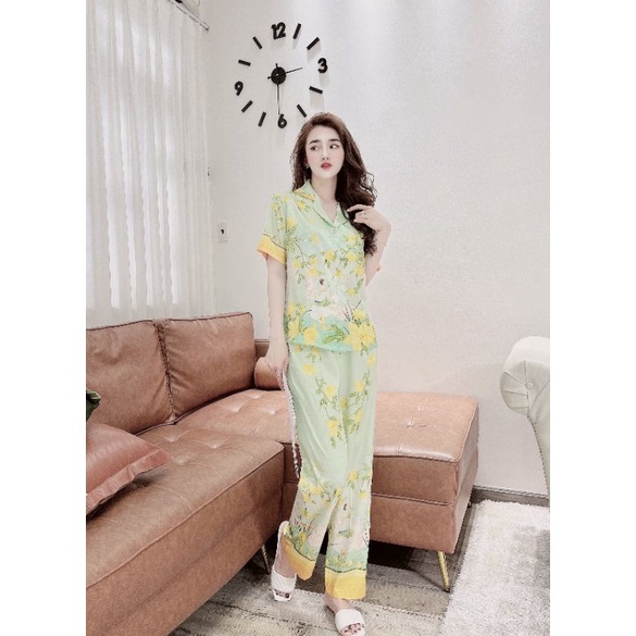Pijama tay ngắn lụa xước  Mai Ngô cao cấp, hoạ tiết sang trọng