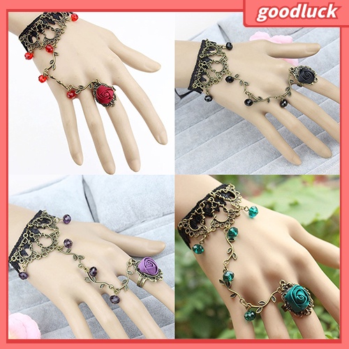 Vòng tay hợp kim ren hoa phối nhẫn đính hoa hồng dành cho nữ