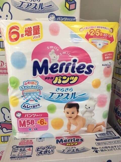 Bỉm MERRIES Newborn SS90, S82, M64 dán, M58 quần, L54 dán, L44 quần , XL 44 dán, XL 38 quần.