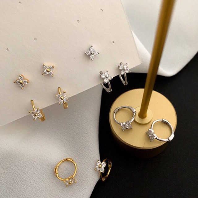 Khuyên tai trẻ em hoặc vành tai người lớn bạc thật NGỌC MẬU hoa 4 cánh trăng sao