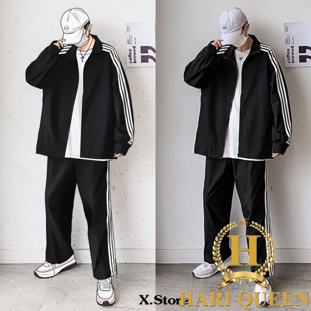 Sét bộ khoác nỉ nam nữ form rộng ba sọc phong cách ulzzang unisex cổ trụ trơn HARI1121