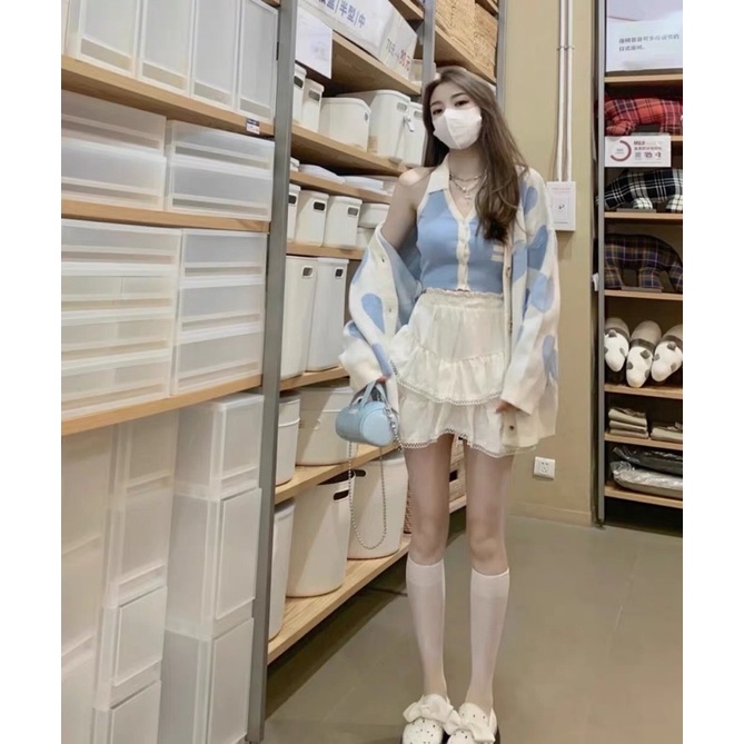 Set ba món áo khoác cadigan kèm áo crop viền mix chân váy tầng viền ren | BigBuy360 - bigbuy360.vn