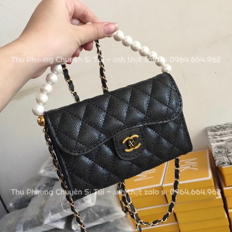 Túi Đeo Chéo Da Sần Nhiều Ngăn Kèm Dây Ngọc Size 18 (ảnh thật shop chụp)