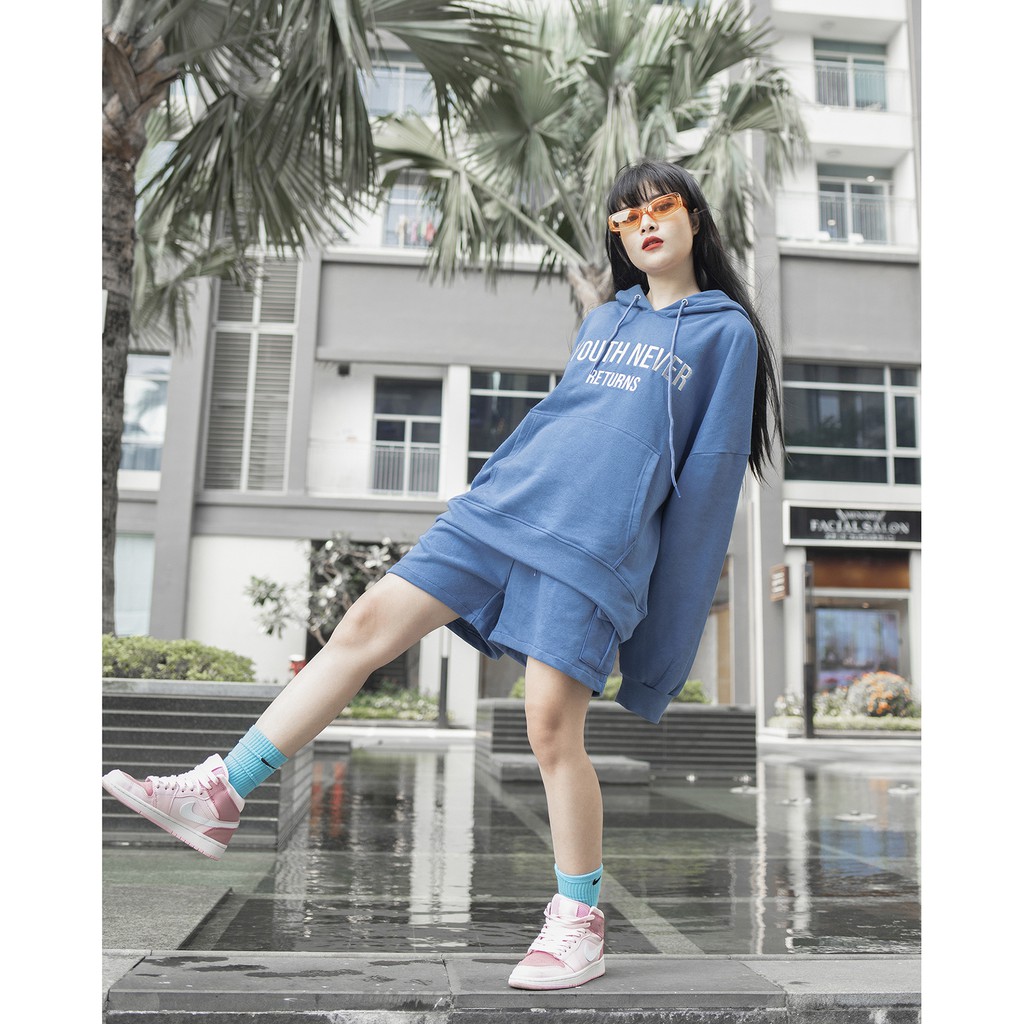 Áo Hoodie Youth Never Returns - Phía Trước Thêu Chữ Tỉ Mỉ - Chất Vải Nỉ Da Cá - Form Oversized Rộng Thoải Mái - Màu Xanh