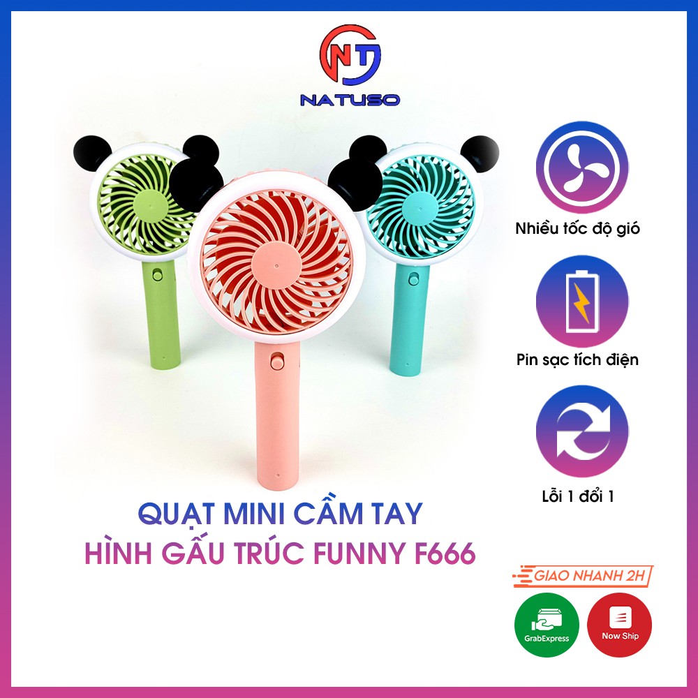 Quạt Mini Cầm Tay Sạc Pin Tích Điện Có Đèn Hình Gấu Trúc Nhiều Màu Gió Cực Mát Funny F666