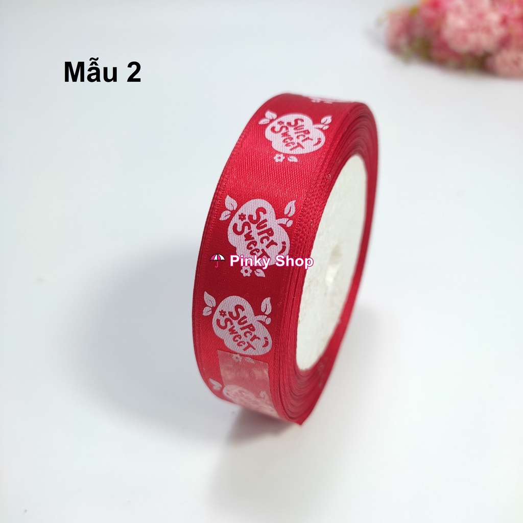 Ruy băng họa tiết lụa vải satin trái tim 2cm cuộn 20m làm nơ, cột tóc, hoa vải, phụ kiện handmade Pinky Shop