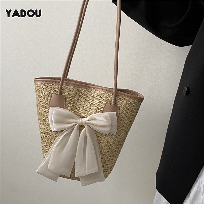 Túi cói đeo vai YADOU đính nơ thời trang xinh xắn cho nữ
