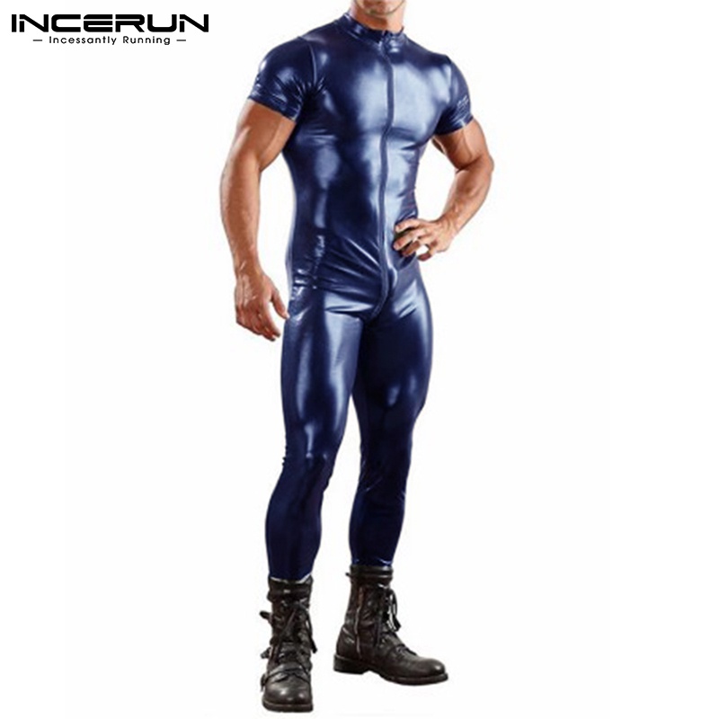 Jumpsuit INCERUN ngắn tay dáng ôm phối khóa kéo thời trang mùa hè cho nam