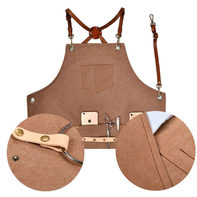 Tạp Dề Vải Cotton Canvas Phối Túi Và Dây Đeo Chéo Lưng Có Thể Điều Chỉnh Cho Nữ