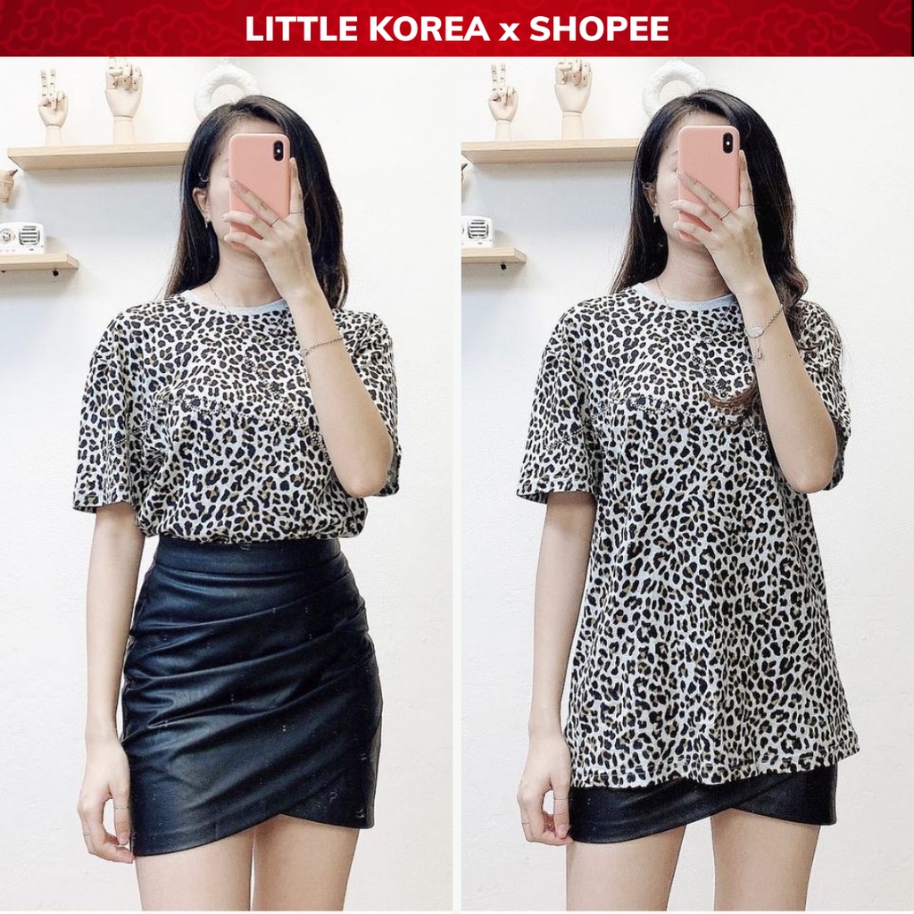 Áo Phông Nữ Cổ Tròn Tay Ngắn Dáng Dài Form Rộng Oversize Da Beo H.M - LITTLE KOREA