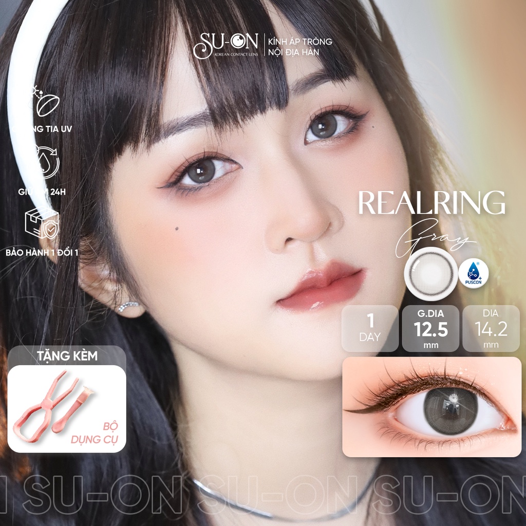Lens 1 ngày Olens RealRing Brown/Gray áp tròng 14,2mm, nâu tự nhiên long lanh Hàn Quốc, siêu êm đeo 24h