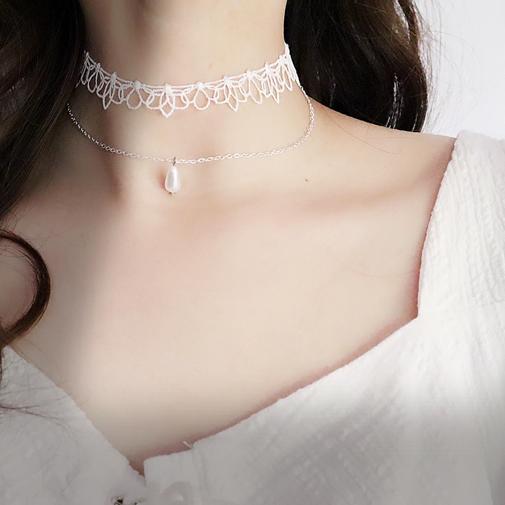 Vòng Cổ Choker Ren Trắng Mặt Hoa Đính Ngọc Trai Thời Trang Thanh Lịch