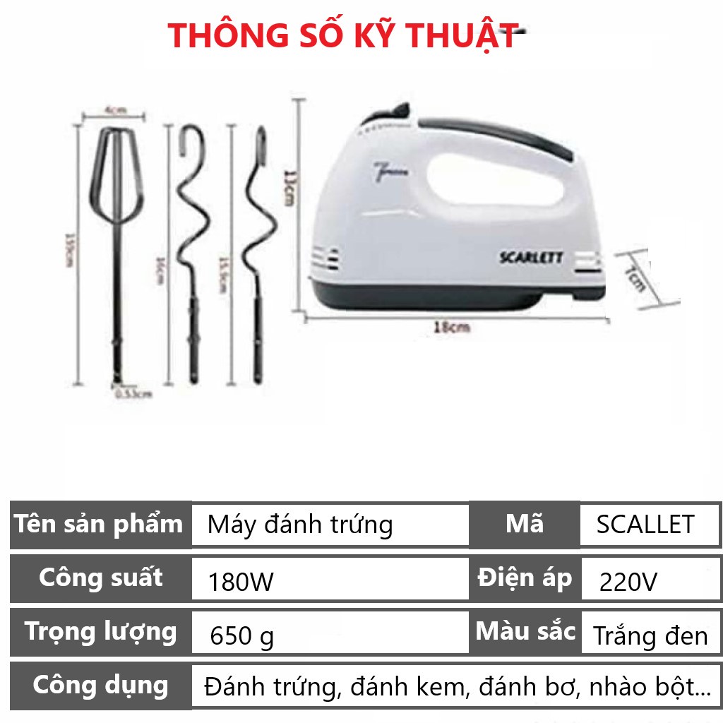 Máy đánh trứng cầm tay mini làm bánh 7 tốc độ Scarlett Công suất 260W Cực kỳ tiện lợi