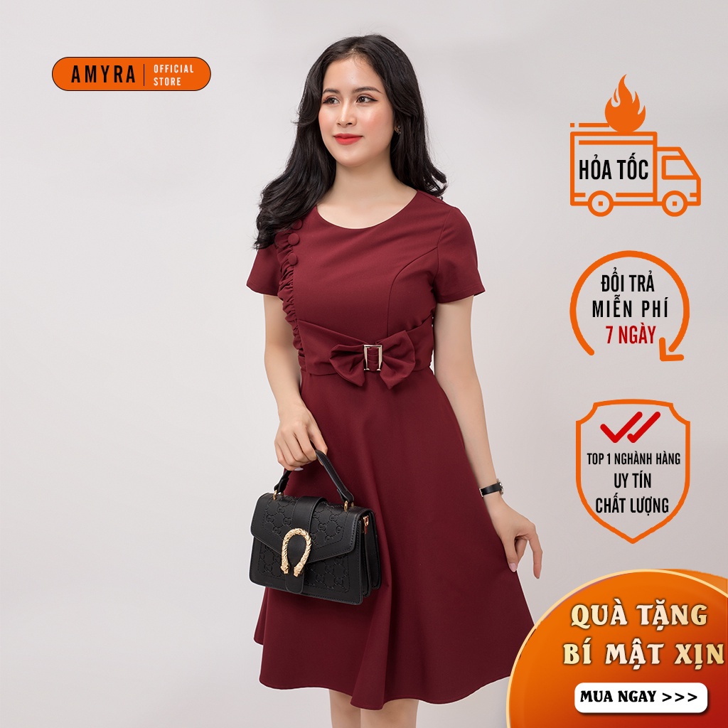 Váy trung niên sang trọng cho mẹ bigsize AMYRA, thiết kế dáng xòe đẹp cao cấp dự tiệc công sở sang trọng xếp ly DA100