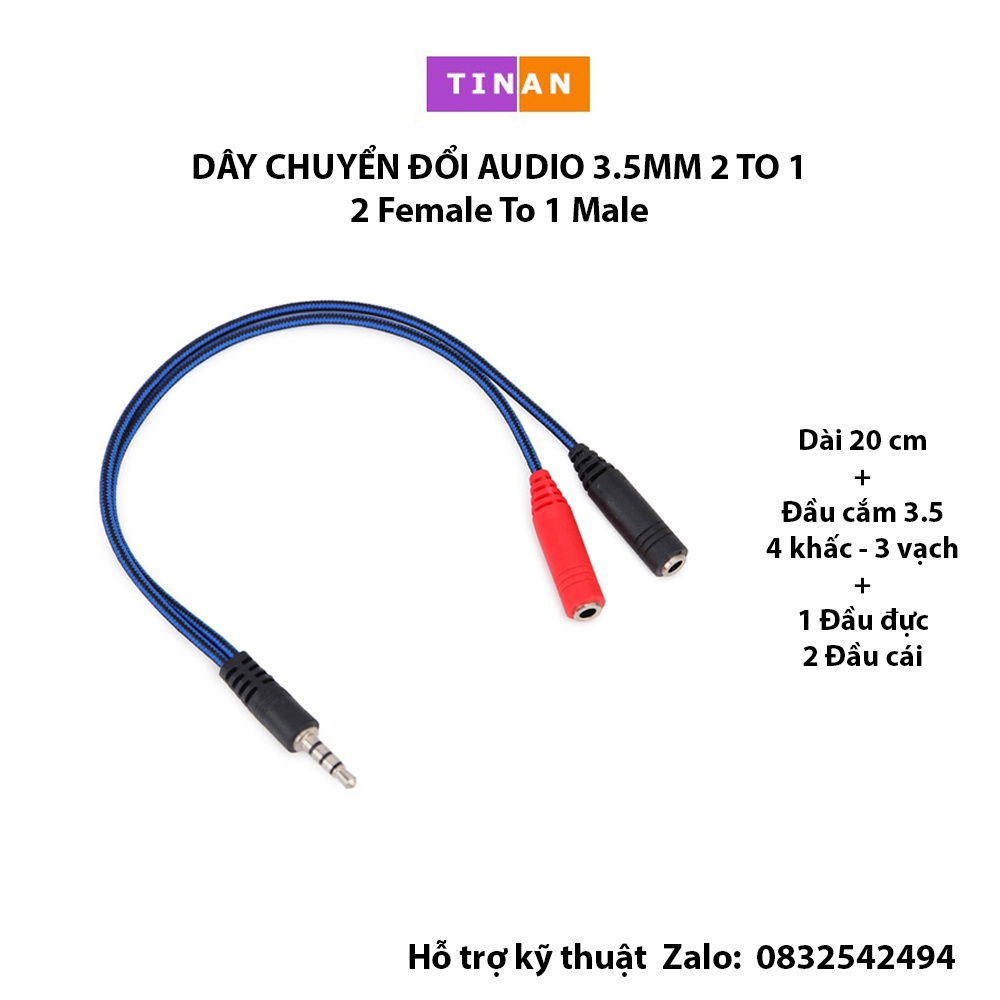 Dây Cáp Chuyển Đổi Audio 3.5mm, 1 Đầu Đực 2 Đầu Cái, Dài 20cm, Dùng Cho Điện Thoại, Laptop