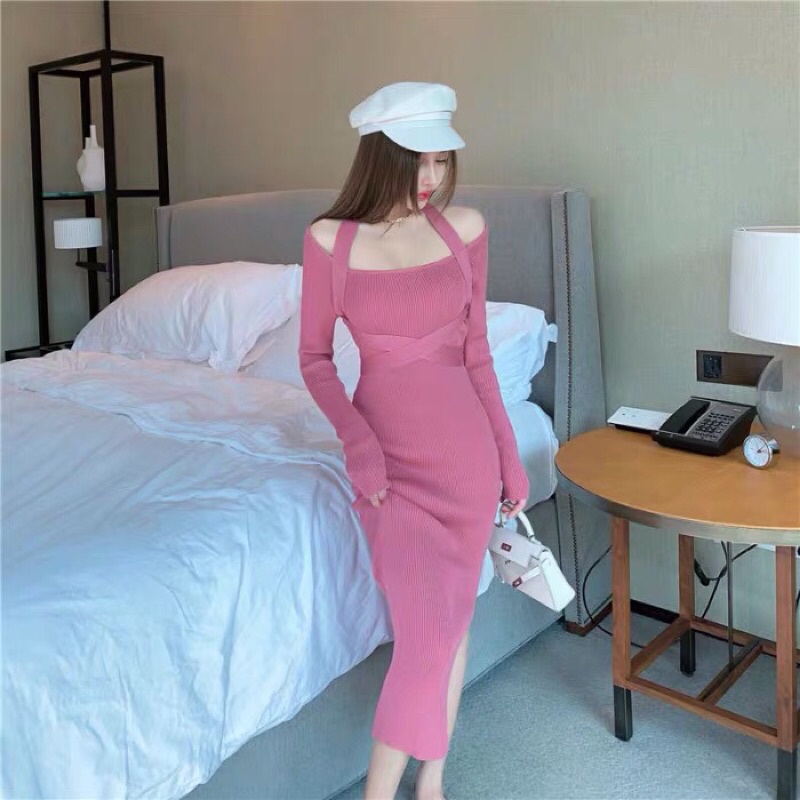Đầm body ôm sát gợi cảm, đầm len nữ dáng dài hở vai