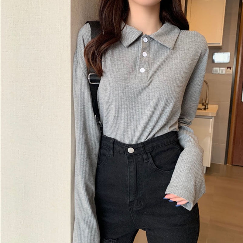 Áo thun tay dài IELGY cổ polo dáng rộng màu xám thời trang Hàn Quốc cho nữ