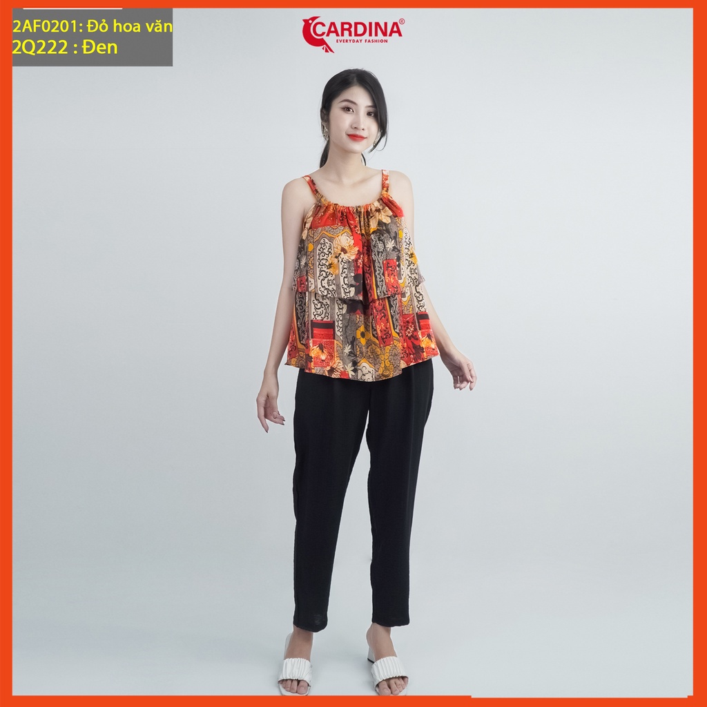 Đồ bộ nữ CARDINA cao cấp set rời quần baggy basic chất đũi Bamboo áo cổ yếm lụa bèo tầng họa tiết 2AF02-2Q02