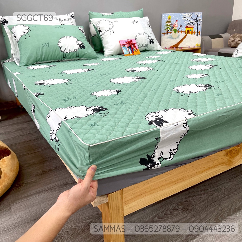 Set Ga Gối Cotton Chần Bông 3 Món, Ga Trải Giường Kèm Vỏ Gối Thấm Hút Mồ Hôi