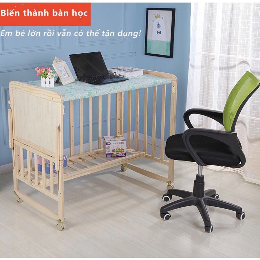 Cũi Gỗ Cho Bé, Đa Năng Ghép Cạnh Giường Bố Mẹ, Kích thước 105x60x90cm
