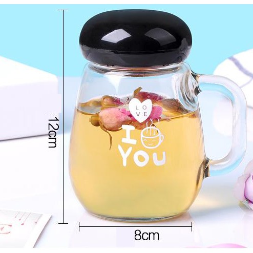 Bình nước thủy tinh I LOVE YOU có vỉ lọc trà và quai cầm 300ml T3A3