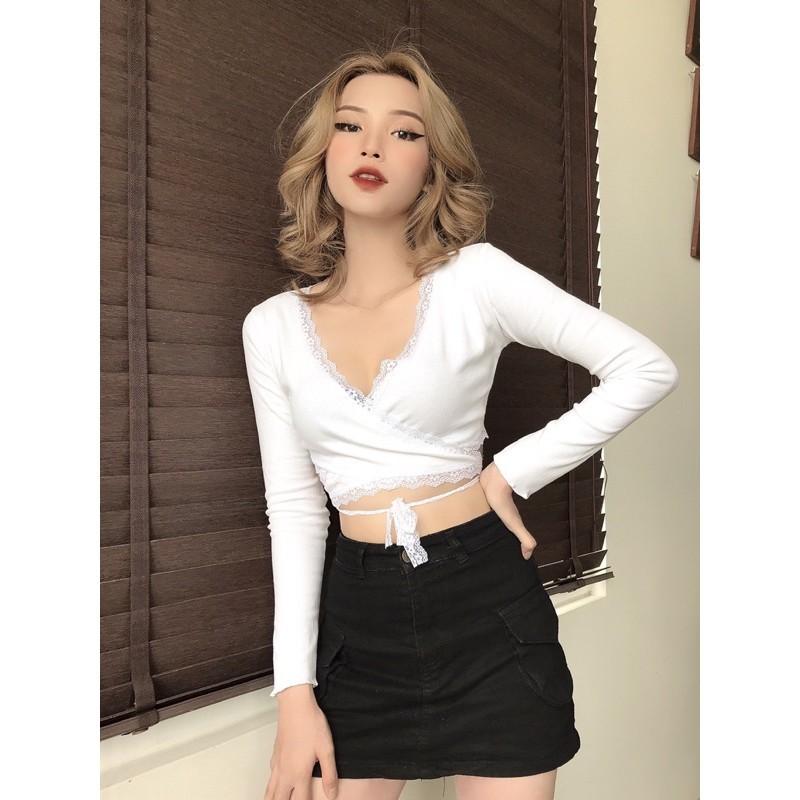 thun ngắn tay Áo croptop đắp chéo cột dây sexy Elina Top (mặc được 3 kiểu)