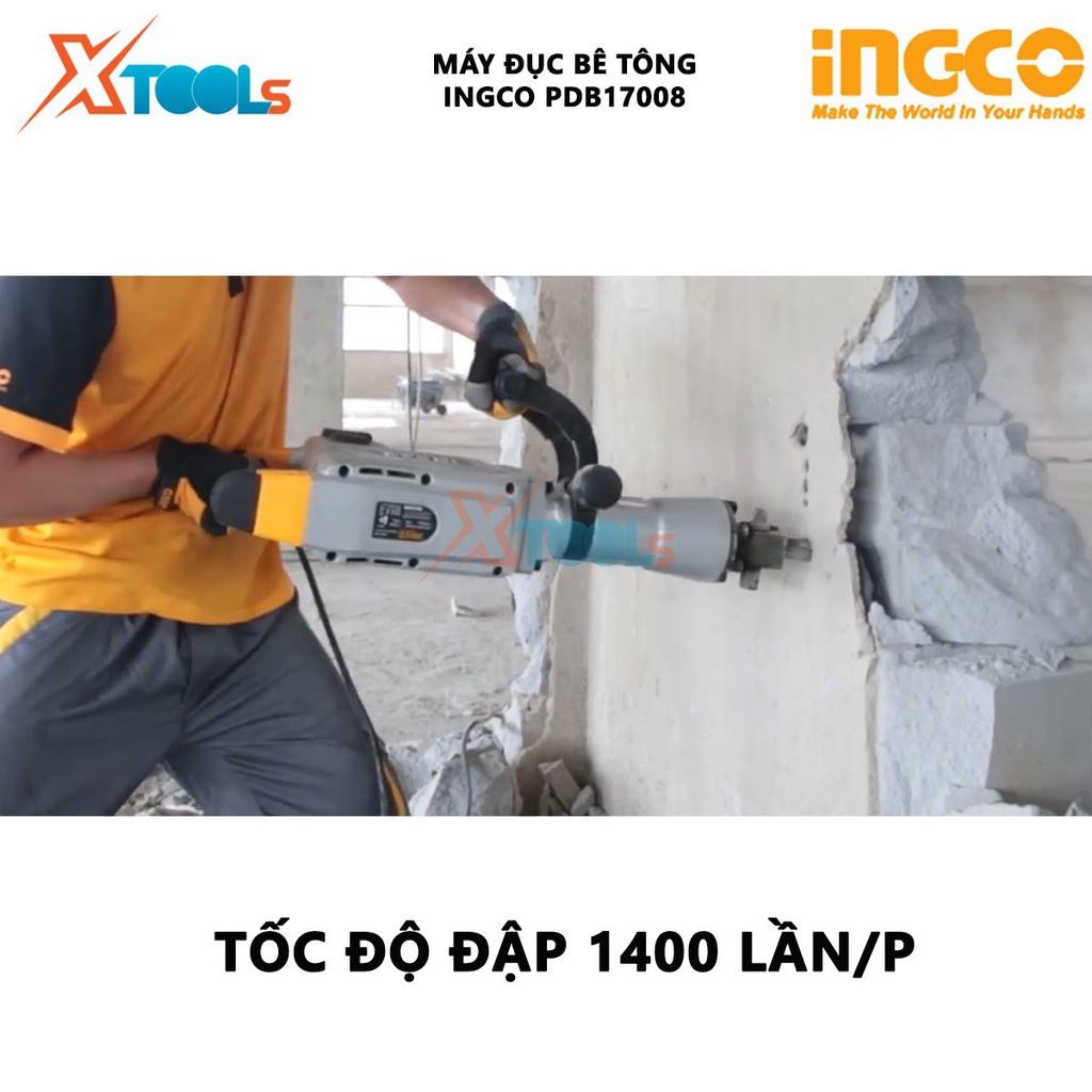 Máy đục bê tông INGCO PDB17008 | Máy khoan đục 1700W, Tốc độ đập 1400 lần/phút, Lực đập 50J, Đầu cặp SDS Hex, khoan đục
