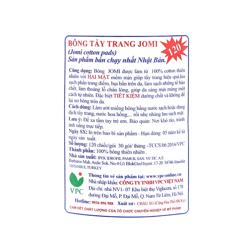 [CHÍNH HÃNG] Bông Tẩy Trang Jomi Cotton Pads Nhật Bản 120 Miếng.