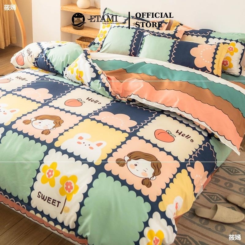 Bộ chăn ga gối  cao cấp ETAMI cotton poly cô gái thỏ cute miễn phí bo chun drap giường , ga trải giường P04
