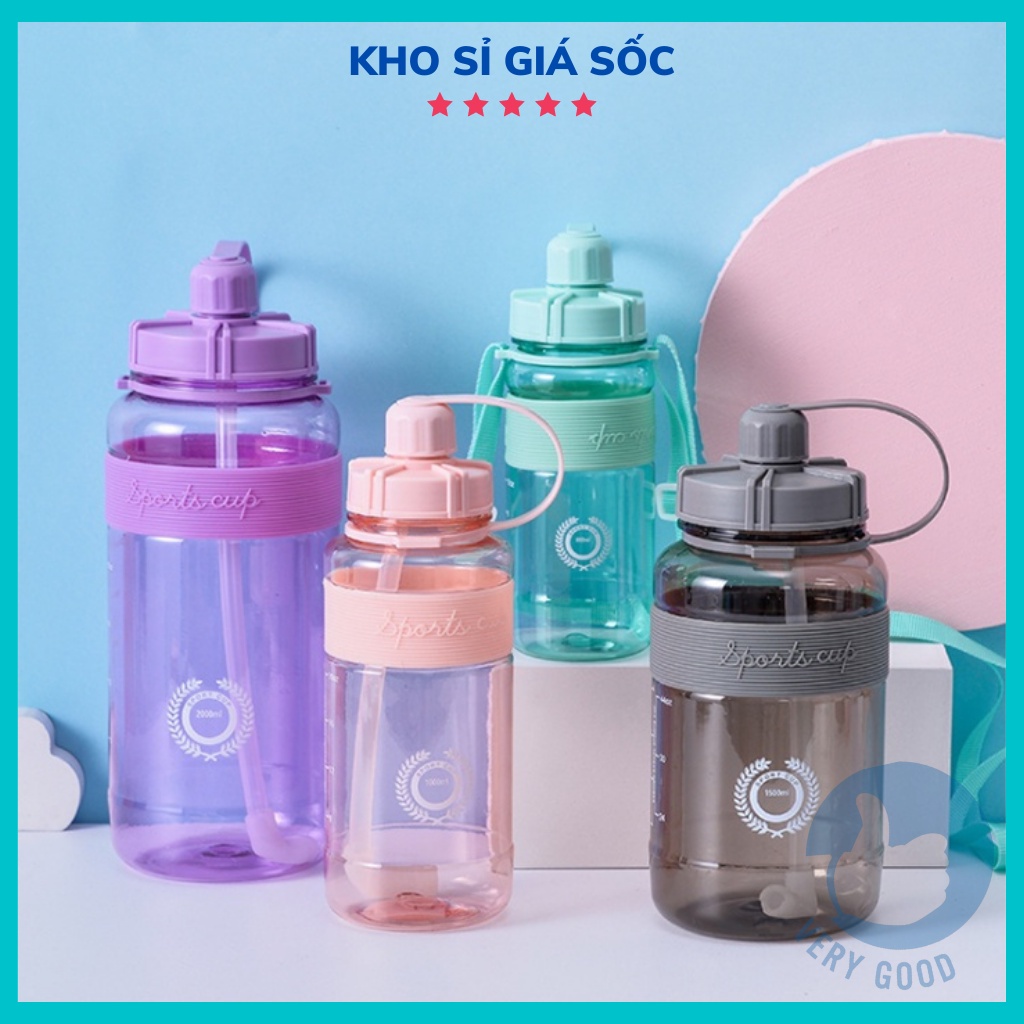Bình Đựng Nước Sports Phong Cách Thể Thao từ 0,6 - 2 lít chia vạch nhựa cao cấp Tặng kèm Ống Hút Và Dây Đeo Tiện Lợi DP