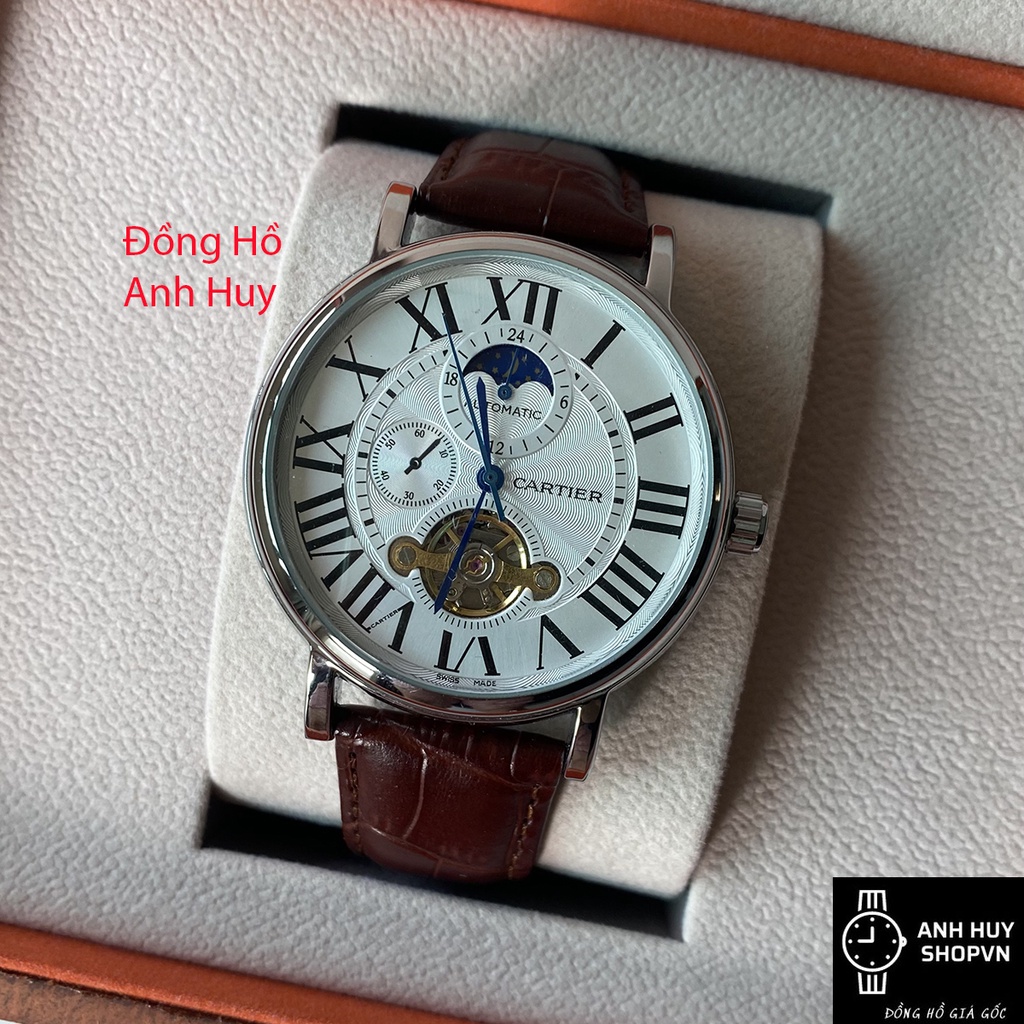 Đồng Hồ đeo tay Nam Dây Da Mặt tròn lộ cơ thời trang kính sapphire chống xước chống nước