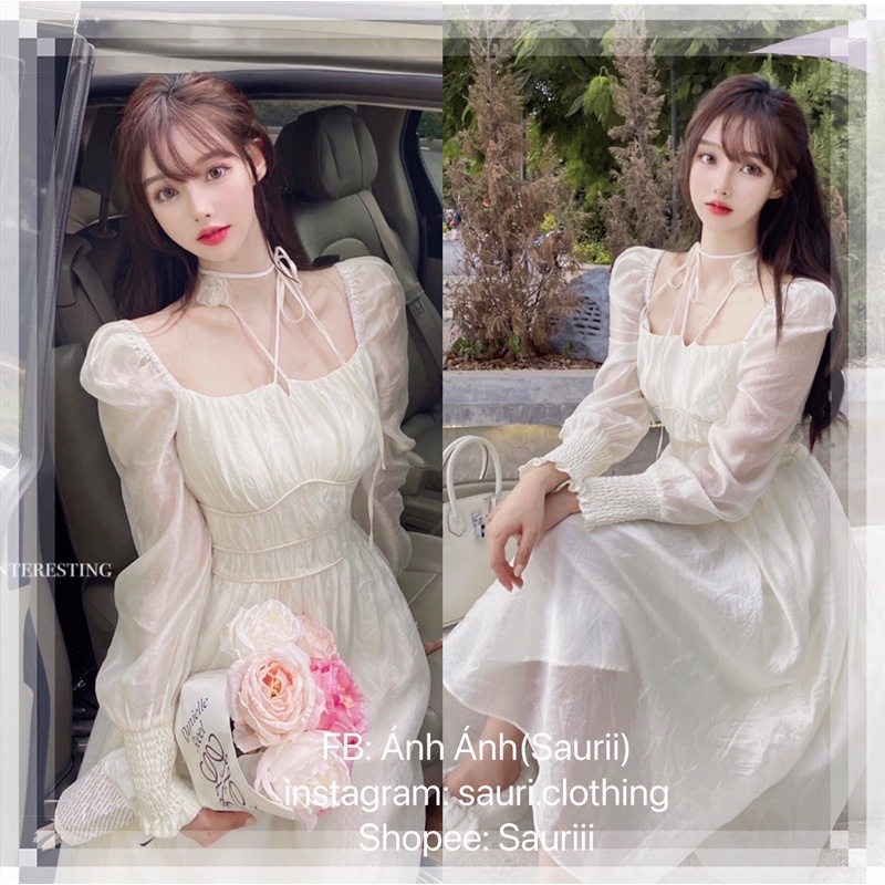 ORDER🖤Đầm công chúa trắng ulzzang cột nơ ôm eo cổ tích xoè xinh xắn/Váy tiểu thư maxi dài bánh bèo du lịch kỉ yếu prom