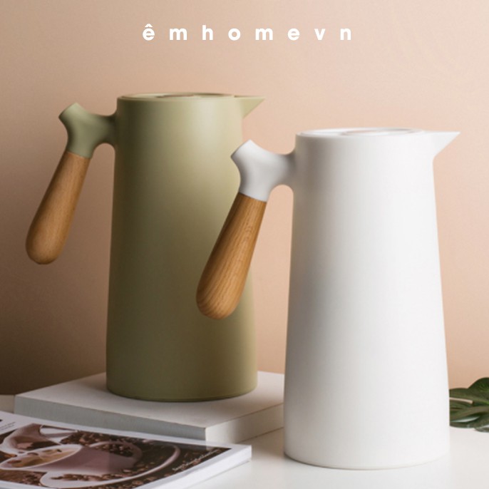 Bình giữ nhiệt 24h quai gỗ trắng/cốm/đen/nâu/đỏ style vintage Hàn Quốc