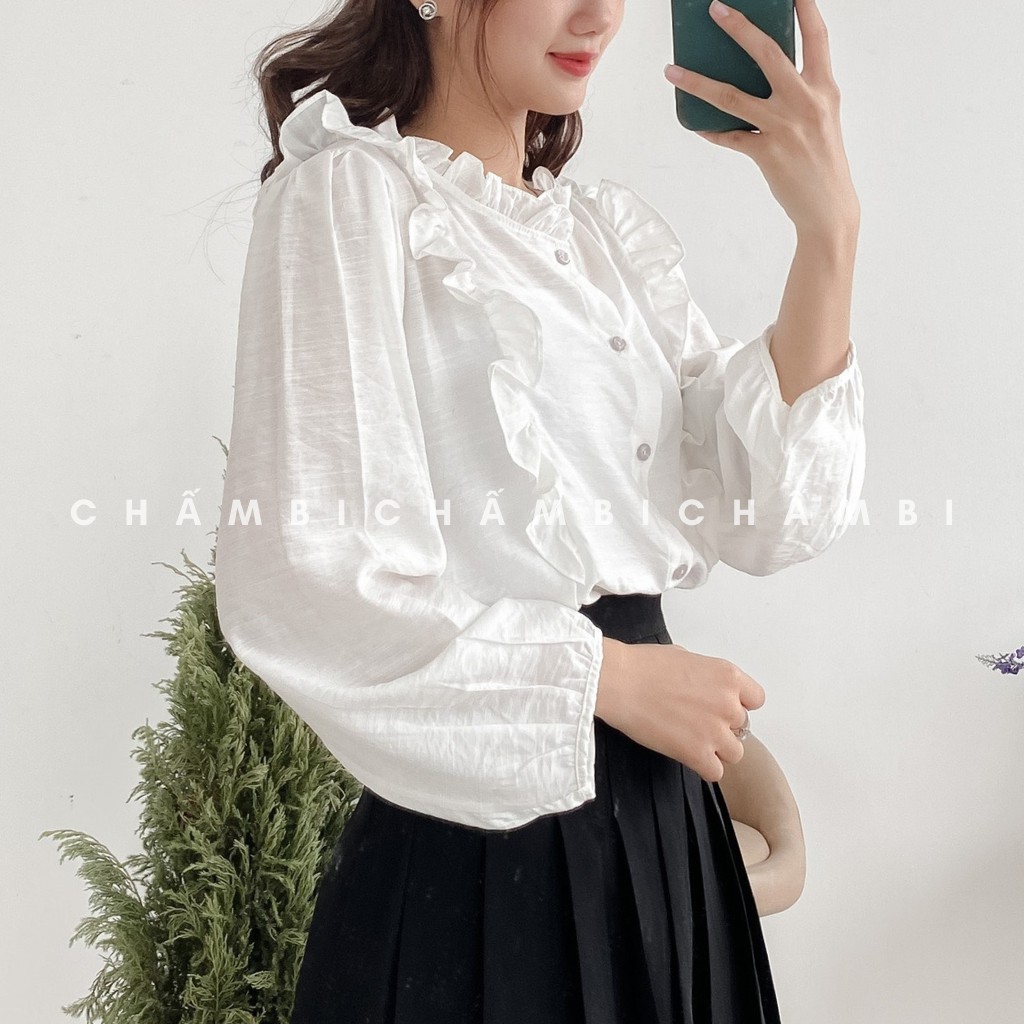Áo Sơ Mi Đũi Cổ V Tay Bo Chun Bèo Ngực Cực Xinh Freesize - A.116